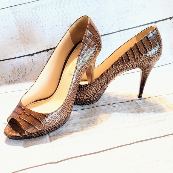 PRADA PLATFORM HEELS Size 8 or 38 Brown Leather Snakeskin Peep Toe Pumps - Picture 1 of 16